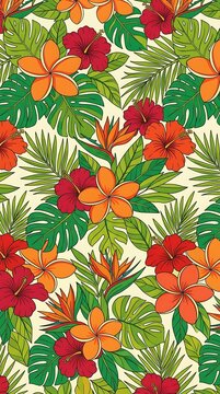 Vibrant tropical floral pattern with hibiscus and monstera leaves