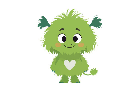 A charming illustration of a fluffy green monster with a heart-shaped belly.