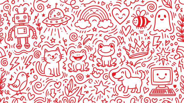 Red doodle seamless pattern set featuring cute cat frogs dog robot ufo rainbow and playful line art characters