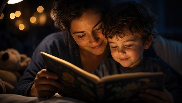 Tight portrait of parent and child reading book under warm glowing lamp light. Soft emotional bedtime visual