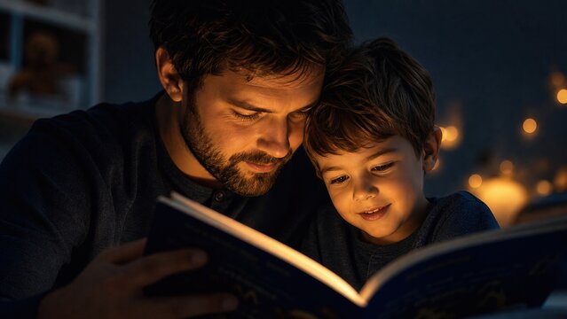 Tight portrait of parent and child reading book under warm glowing lamp light. Soft emotional bedtime visual