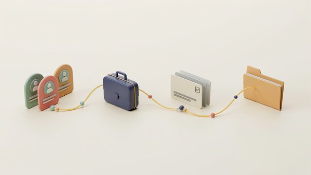 Briefcase connects to various digital filing folders and identification badges via a thin rope with small beads.