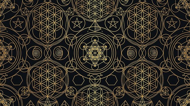 Golden sacred geometry pattern with mystical symbols on black