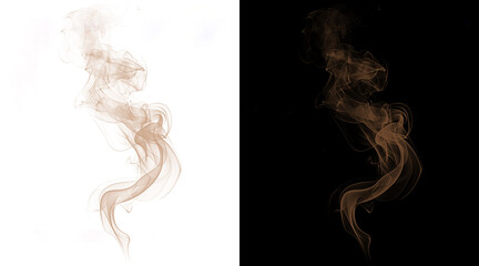 Obraz premium Brown smoke wisps on white and black backgrounds, ethereal steam vapor trails, swirling coffee or tea aroma clouds for food and beverage design