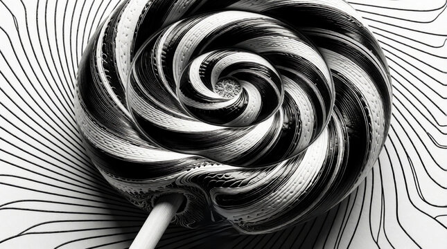 Monochrome lollipop swirls in architectural line art. Swirly candy design, hypnotizing vortex pattern, round sweet on stick. Graphic illustration style.