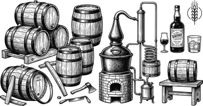 Vintage distillery equipment set featuring wooden barrels copper alembic still axe bottle and whiskey glass vector illustration