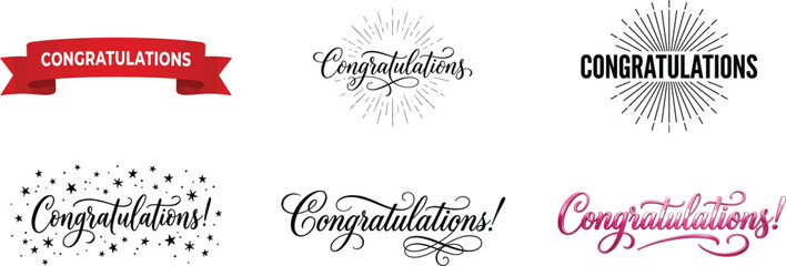 Collection of various congratulations typography designs and lettering styles for greeting cards and celebration event invitations © Lipi