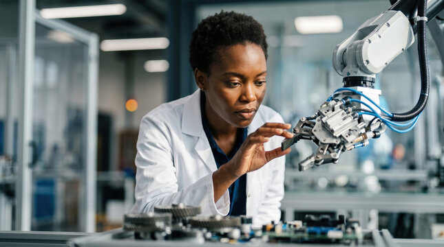 Engineer works with robotic arm in modern laboratory