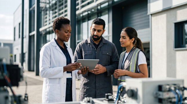 Group of Engineers Discussing Robotics Project in a Research Facility