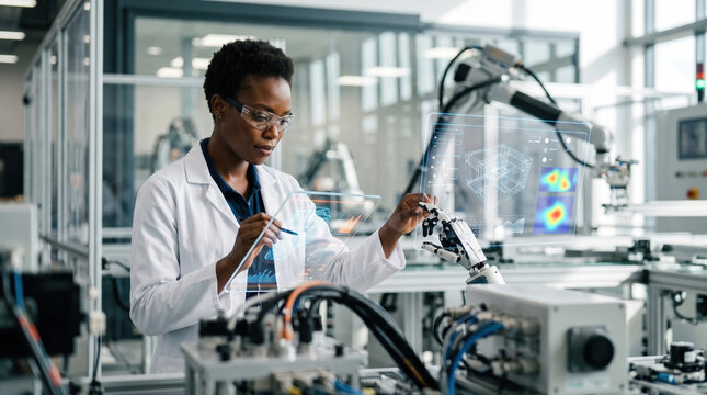 Woman operate robotic arm with holographic display in lab