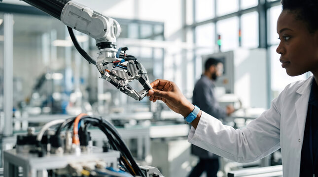 Robotic arm interact with engineer in high tech laboratory