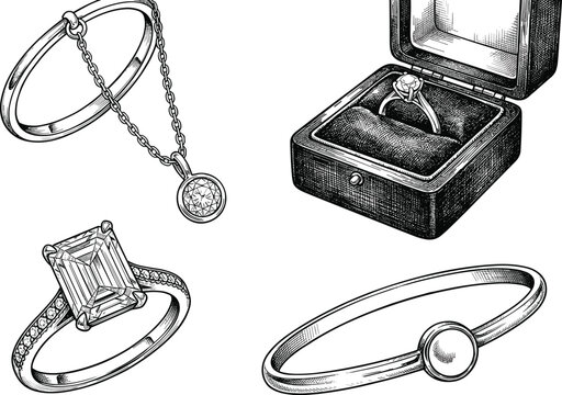 Vintage luxury jewelry set featuring diamond ring emerald cut solitaire ring box and pendant necklace vector illustration