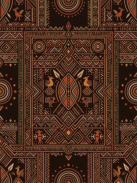 Intricate tribal geometric pattern in earthy tones and ethnic motifs