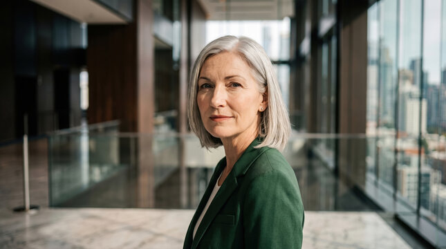 Confident businesswoman in green suit at modern office