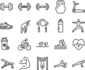 Fototapeta premium Gym and fitness training outline icons with exercise training dumbbells equipment activity lifestyle