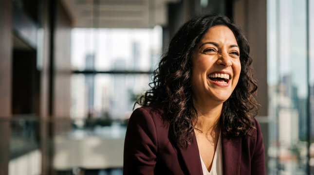 Businesswoman laugh behind glass in modern city office