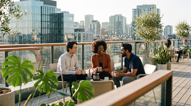 Rooftop terrace meeting with coffee and urban business team