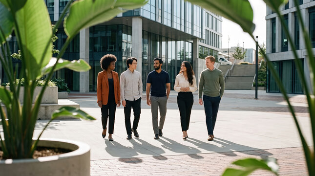 Diverse business team walk outside modern office building