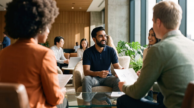 Team discuss ideas during meeting in modern business lounge