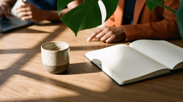 Business meeting workspace with coffee cup and notebook on table