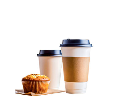 Cup of coffee, tea, with muffin isolated