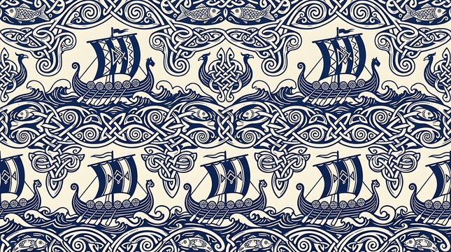 Nordic longships sailing on decorative waves with ornate knotwork