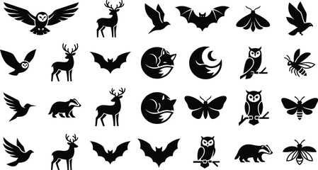 Fototapeta premium Wildlife animal silhouette icons with owls, foxes, deer, birds, bats, moths, bees, and badgers in minimalist design