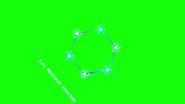 Digital benzene molecular structure animated on green screen background