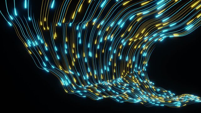 Animated 3D digital looping wave of glowing fiber-optic strands with bright blue and gold neon light trails on a black background, bottom angle. Ideal for tech motion graphics and futuristic visuals.