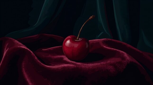 Single ripe cherry on luxurious red velvet fabric