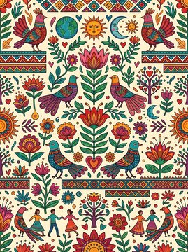 Colorful folk art pattern with birds flowers and celestial symbols