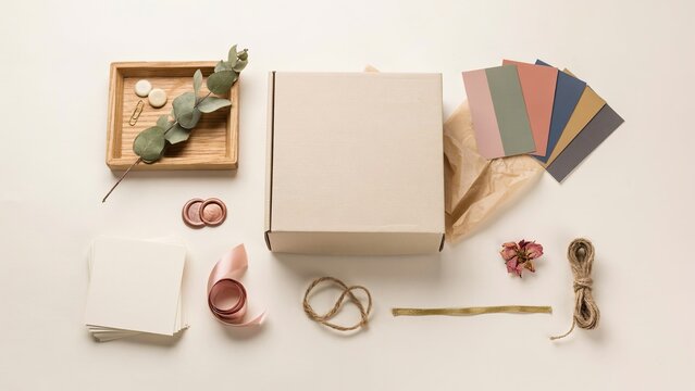 Cardboard box rests on a table surrounded by colorful stationery, ribbon, and eucalyptus leaves for presentation.