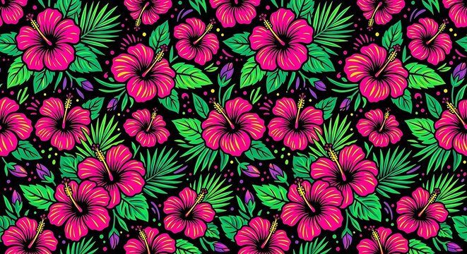 Tropical seamless pattern with pink hibiscus flowers and green leaves