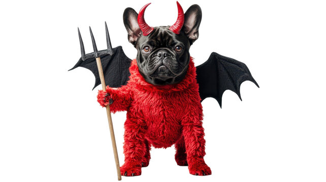 Black french bulldog dressed in red devil costume with horns and wings holding a pitchfork.