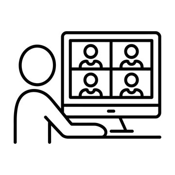 Person attending online video conference meeting vector icon for remote work setup