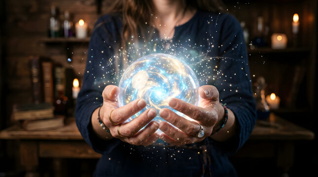 Woman holding glowing magical orb with energy swirls.