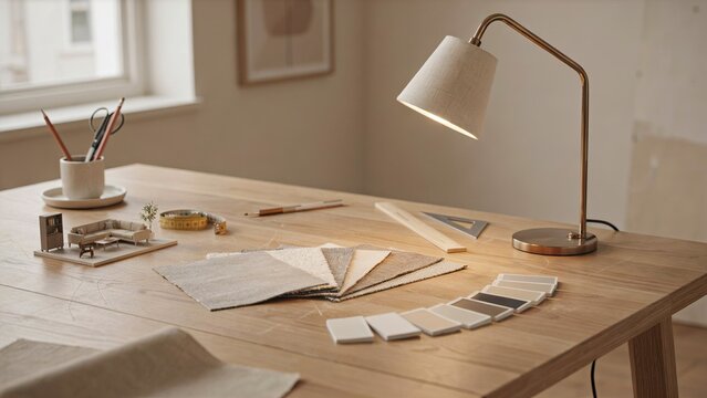 Desk lamp illuminates a wooden table featuring architectural design samples and drafting tools in a bright office.