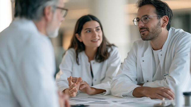 Two mortuary science students in sterile white lab coats discuss natural sleep supplement formulations with a senior instructor, printed melatonin and herbal remedy comparison charts spread on a cli