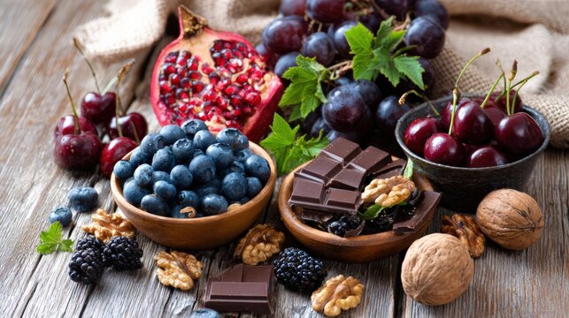 Healthy antioxidant superfoods arranged on a rustic wooden table with large copy space