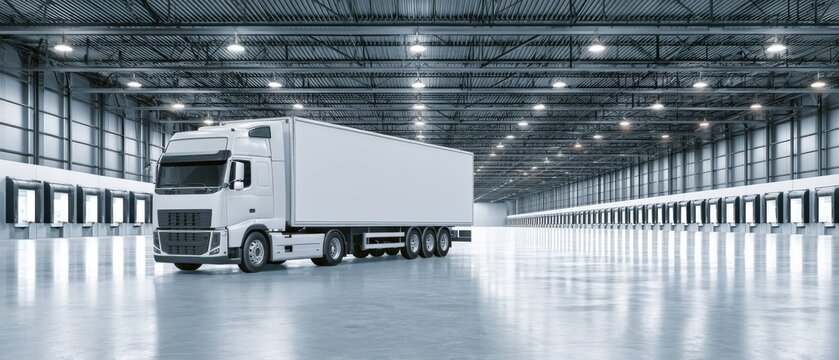 Large truck parked in a spacious warehouse designed for storage and distribution activities
