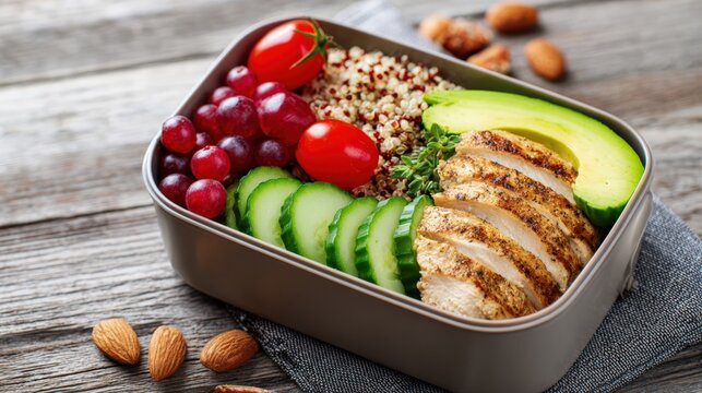 Healthy lunch box with grilled chicken and vegetables on a wooden table