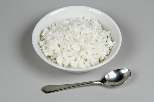 Grated horseradish served in small dish with spoon beside it on smooth grey background