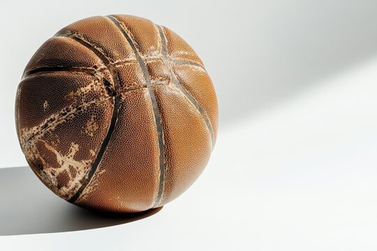 Worn leather basketball on white background with strong shadow