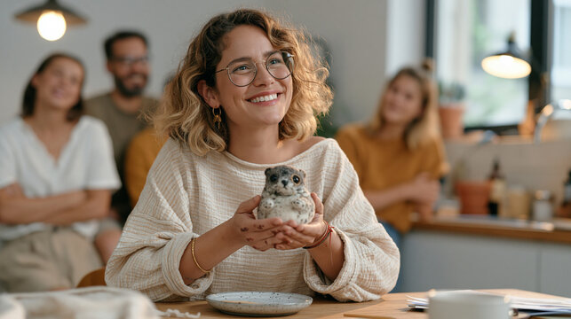 A needle felter at a modest kitchen table presents a completed animal sculpture to an audience of friends gathered behind her, loyalty to craft visible in worn fingertips, artisan fiber art, handmad