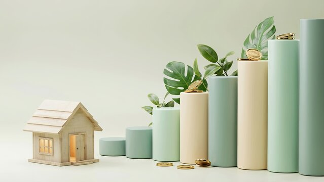 House model stands beside rising cylindrical pedestals decorated with tropical leaves and scattered coins.