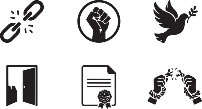 Human rights icon set with 6 black vector symbols, social justice and freedom icons, protest fist and peace dove illustrations for activism isolated on Transparent Background