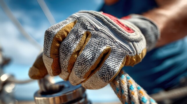 Sailor adjusts winch system on catamaran while out at sea during the day