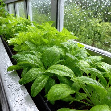 Small greenhouse in spring with plants growing inside and condensation on glass