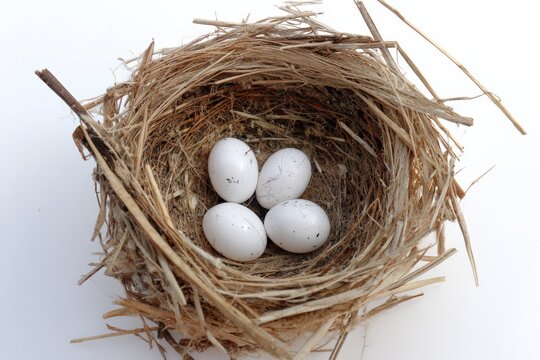 Bird nest with white eggs made from twigs and moss, seen from above in a natural setting