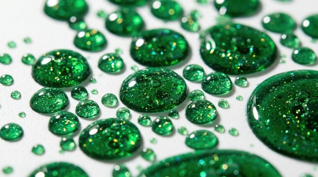 Emerald green glitter gel beads in soft focus